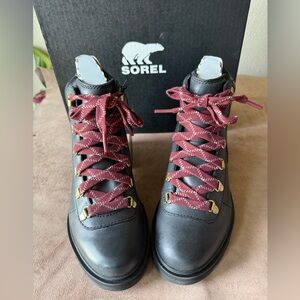 NIB Sorel Lennox Women's Black Leather Lace-Up Boots Size 7